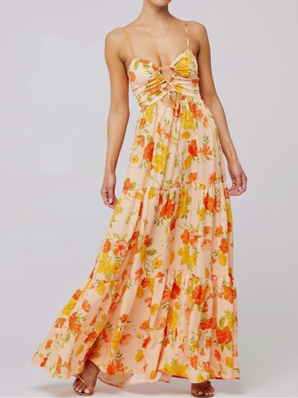 Floral Peach Tiered Maxi Dress with Spaghetti Straps